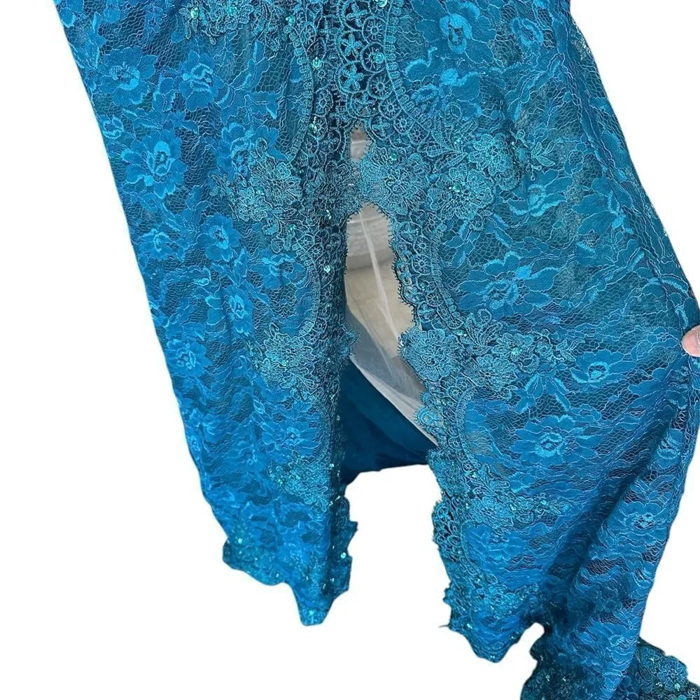 Elegant Lace and Sequined Dress Teal/Nude NWOT